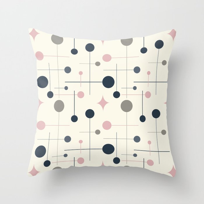 Mid Century Modern Abstract Retro Vintage Style Navy Blue, Blush Pink and Grey Throw Pillow