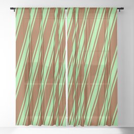 [ Thumbnail: Brown & Light Green Colored Striped/Lined Pattern Sheer Curtain ]