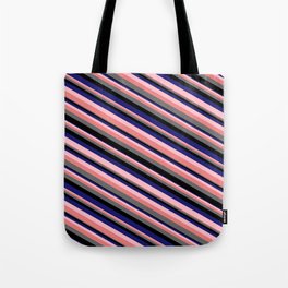 [ Thumbnail: Eye-catching Pink, Light Coral, Dim Grey, Black, and Midnight Blue Colored Stripes Pattern Tote Bag ]