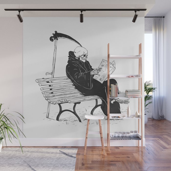 Grim reaper reading newspaper - cartoon skeleton - dark skull Wall Mural