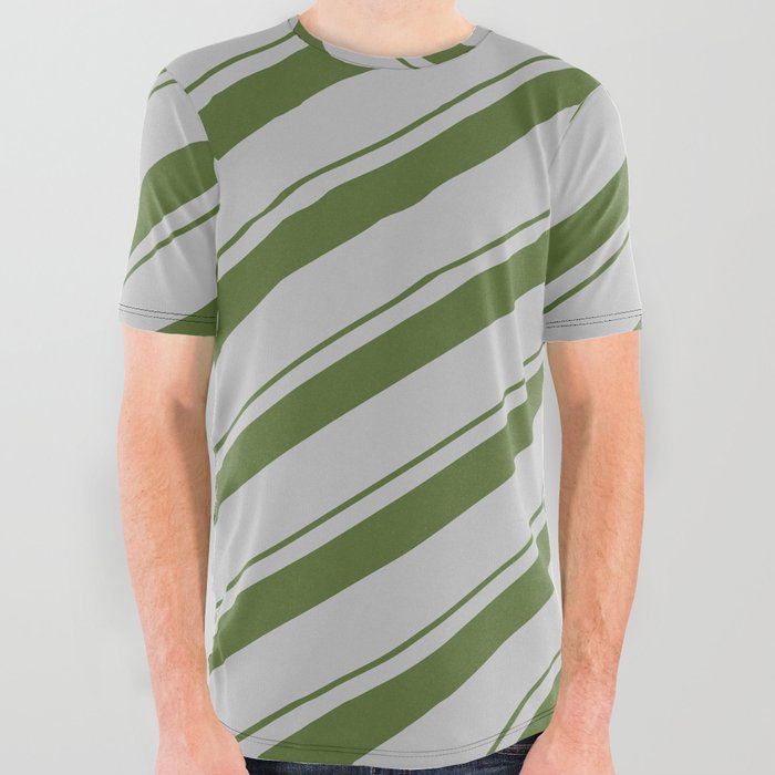 Dark Olive Green & Grey Colored Striped/Lined Pattern All Over Graphic Tee