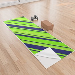 [ Thumbnail: Green, Light Green & Midnight Blue Colored Striped/Lined Pattern Yoga Towel ]