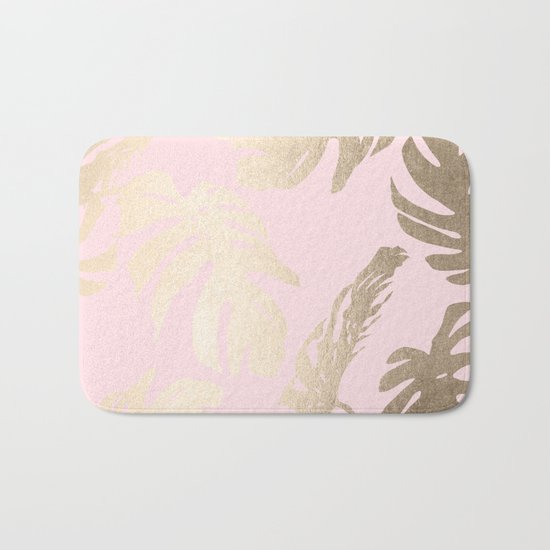 Simply Tropical Palm Leaves White Gold Sands on Flamingo Pink Bath Mat