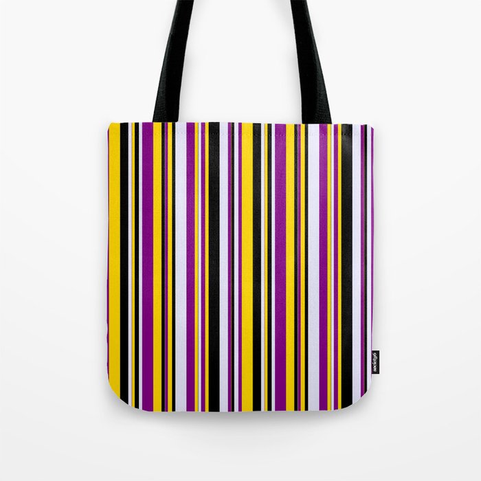 Yellow, Purple, Lavender & Black Colored Striped/Lined Pattern Tote Bag