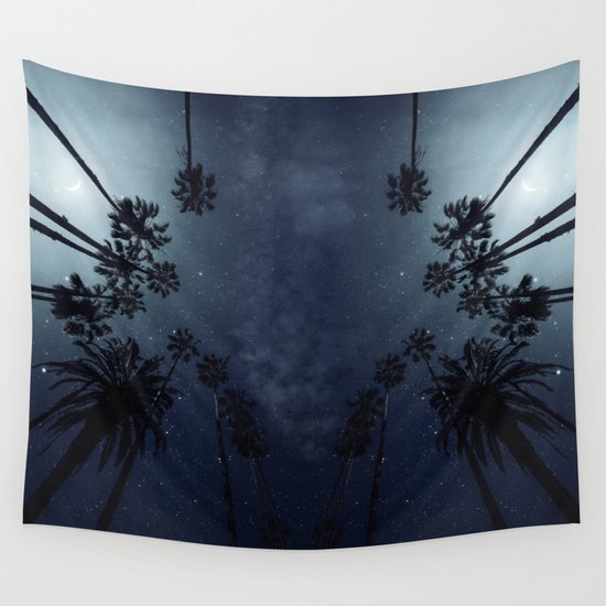 Palm Trees, Night Sky, Stars, Moon Wall Tapestry