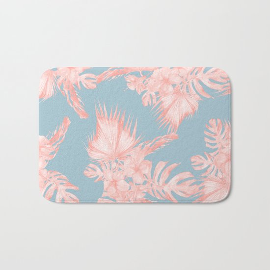 Tropical Palm Leaves Hibiscus Coral Blue Bath Mat