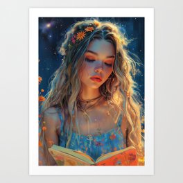Stellar Reading: Young Girl Lost in the Cosmos Art Print