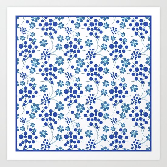 Blue flowers on a white background. Art Print