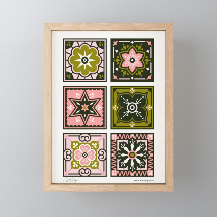 Talavera Mexican Tile – Blush & Sage Palette Framed Mini Art Print