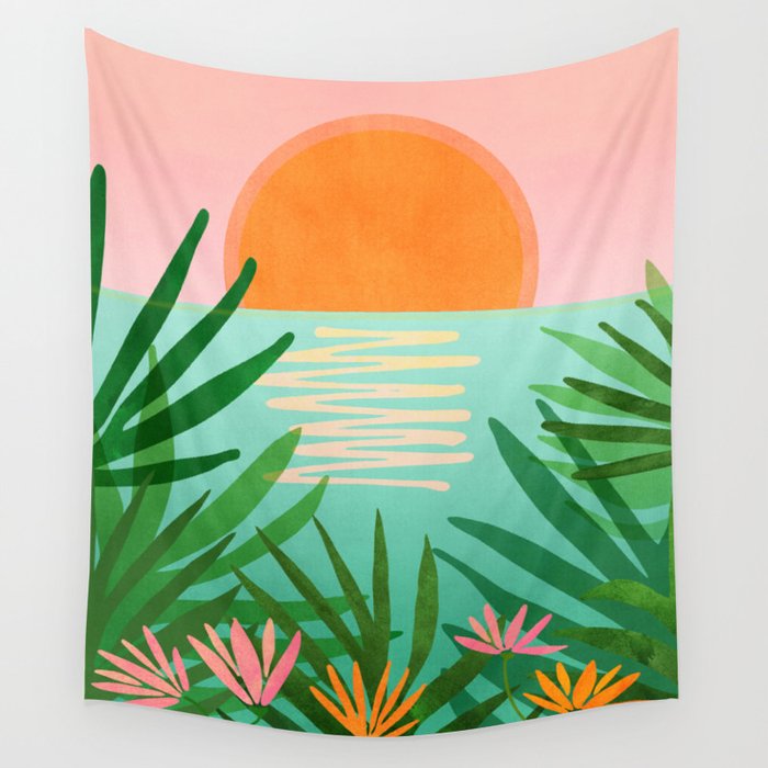 Tropical Views - Pink and Green Landscape Illustration Wall Tapestry