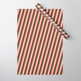 [ Thumbnail: Dark Green, Light Coral, Beige & Crimson Colored Lines/Stripes Pattern Wrapping Paper ]