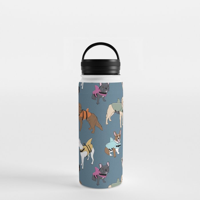 Dogs in Shark Lifejackets on Midnight Blue Water Bottle