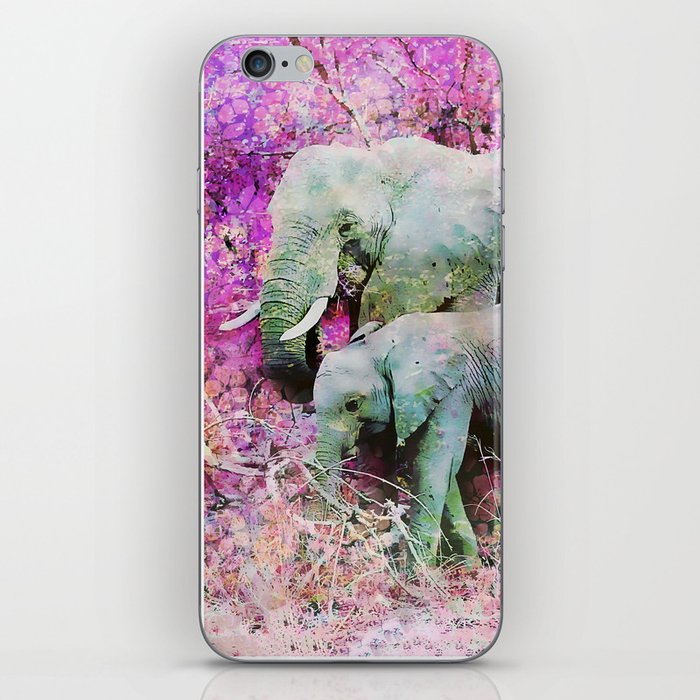 Elephant art mother child pink floral iPhone Skin