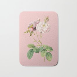 Vintage Blooming Damask Rose Botanical Illustration on Pink Bath Mat