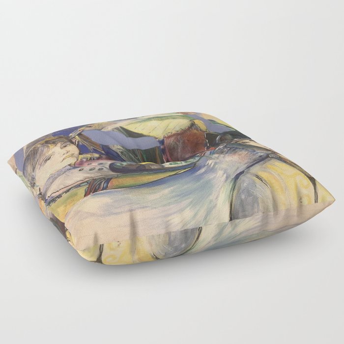 Colorful World - A Green Cat, a Lady And a Kid Oil Artwork Floor Pillow