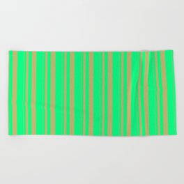 [ Thumbnail: Dark Khaki and Green Colored Stripes/Lines Pattern Beach Towel ]