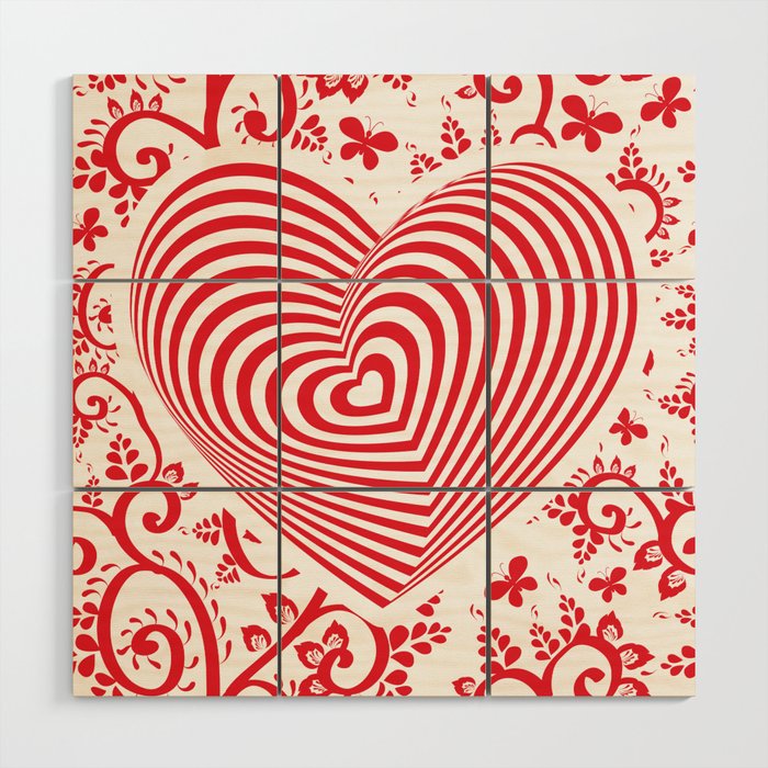 Red White Heart On Red Floral Ornament Background Optical