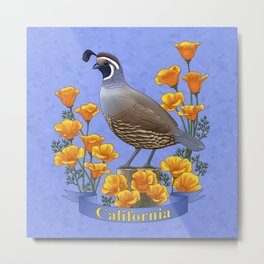 California State Bird Quail and Golden Poppy Metal Print | Digital, Poppies, Nature, Painting, Illustration, Valleyquail, California, Stateflower, Goldenpoppy, Statebird 
