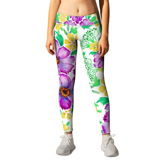 watercolor cosmos flowers pattern on white background  Leggings