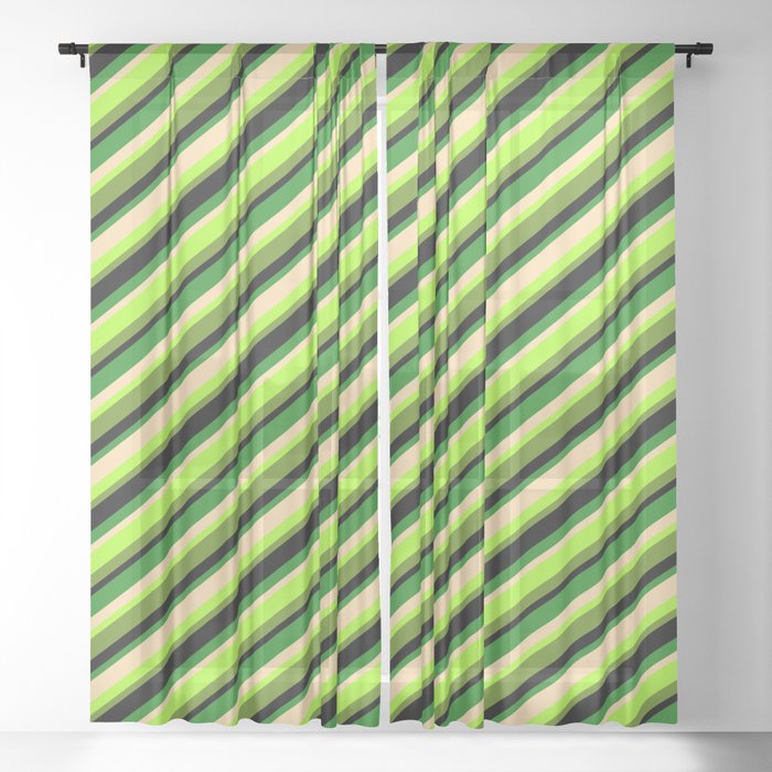 Vibrant Tan, Light Green, Green, Black & Forest Green Colored Pattern of Stripes Sheer Curtain