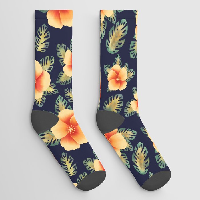 Hibiscus Flowers and Tropical Leaves Socks