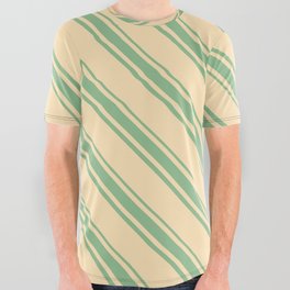 [ Thumbnail: Beige and Dark Sea Green Colored Lines Pattern All Over Graphic Tee ]