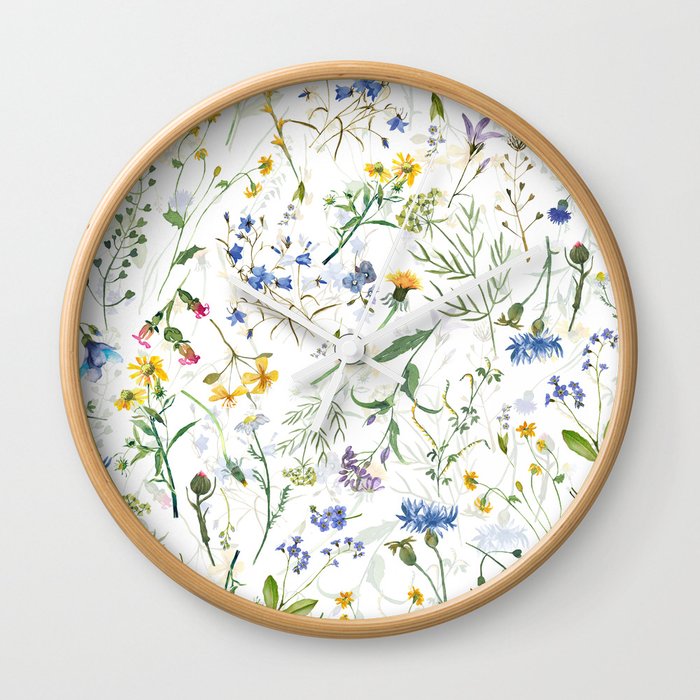 Scandinavian Midsummer Blue And Yellow Wildflowers Meadow  Wall Clock