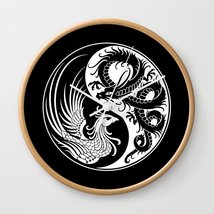 White And Black Dragon Phoenix Yin Yang Wall Clock By Jeffbartels Society6