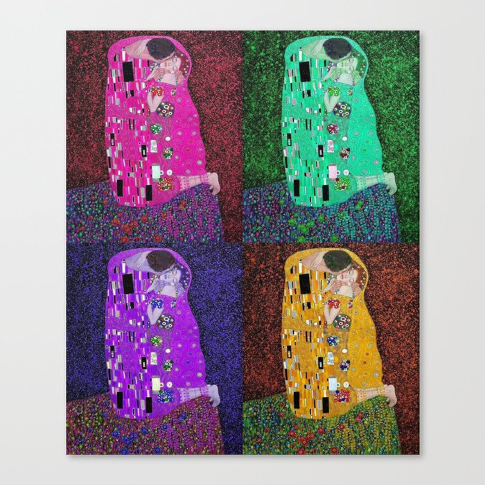 The kiss four-color collage; erotic love and the eternal cosmos romantic portrait painting alternate pink and purple by Gustav Klimt Canvas Print