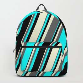 [ Thumbnail: Beige, Dim Grey, Aqua & Black Colored Lines/Stripes Pattern Backpack ]