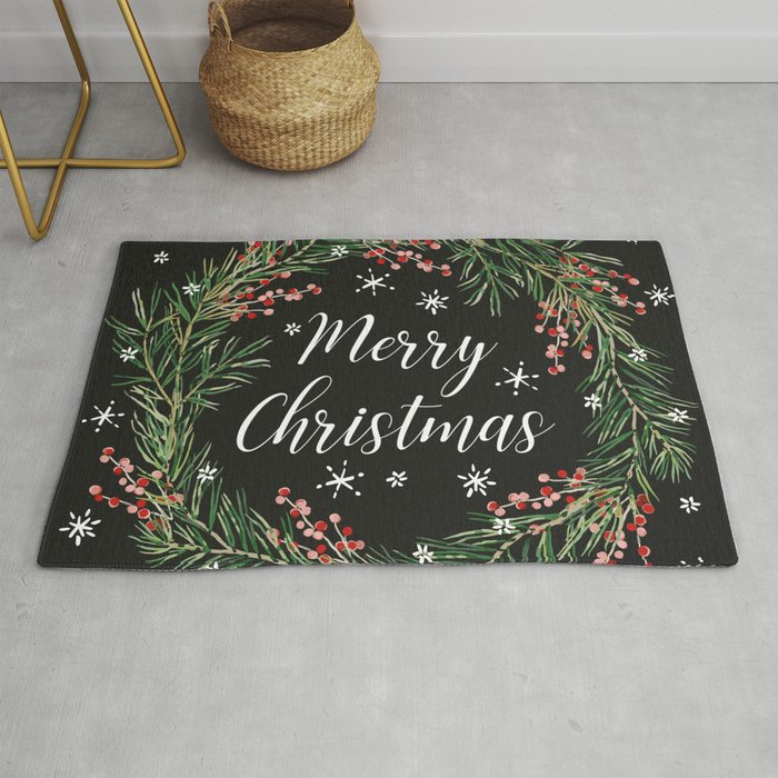 Merry Christmas wreath with berries and snow on the black Rug