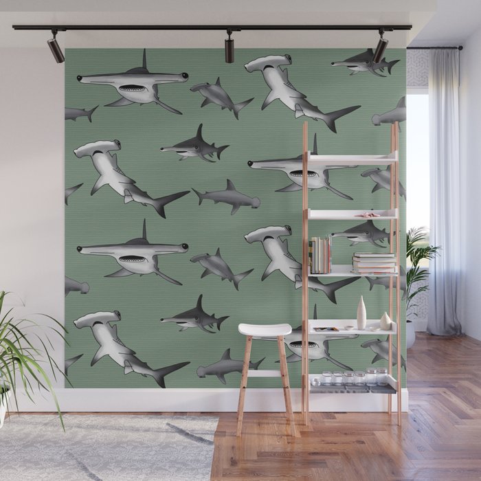 Hammerhead Shark pattern on loden green Wall Mural