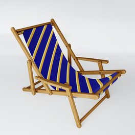 [ Thumbnail: Goldenrod, Blue & Tan Colored Striped/Lined Pattern Sling Chair ]