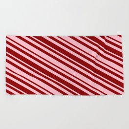 [ Thumbnail: Pink & Dark Red Colored Striped/Lined Pattern Beach Towel ]