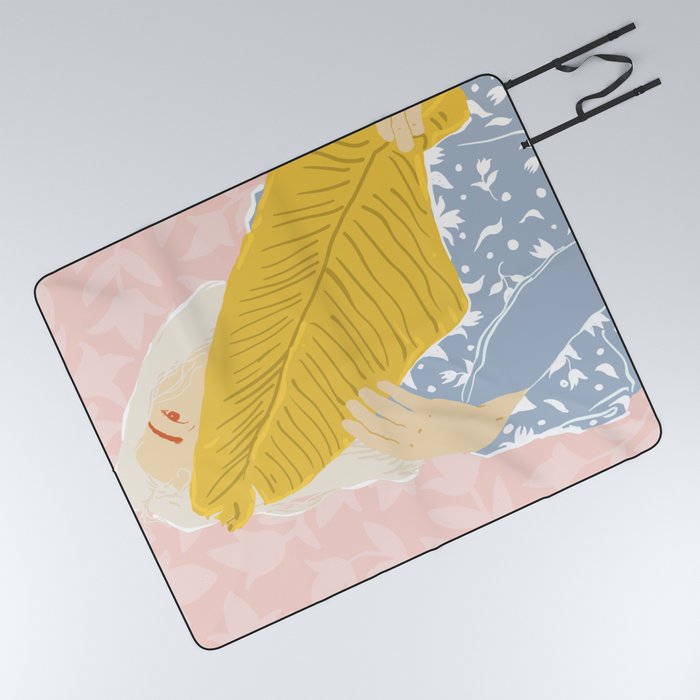 Shy, Blush Tropical Bohemian Banana Leaves Illustration, Feminine Pastel Chic Fashion Woman Picnic Blanket