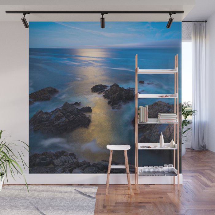 On the Rocks - Moonlight Reflects Off Pacific Ocean in California Wall Mural