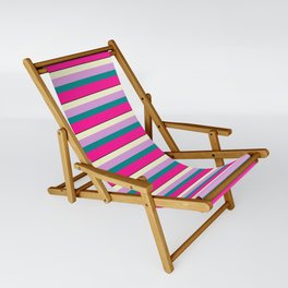 [ Thumbnail: Colorful Light Yellow, Plum, Dark Cyan, Deep Pink & Black Colored Lined Pattern Sling Chair ]
