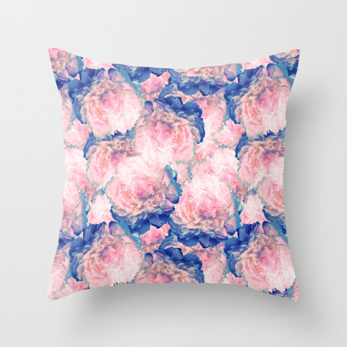 Peach and Blue Peonies Oil Painted Floral Throw Pillow