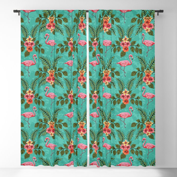 Flamingos & Flowers Pattern w/ Plumeria and Hibiscus Blackout Curtain