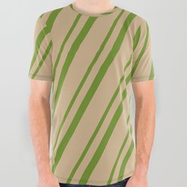 [ Thumbnail: Green & Tan Colored Lined/Striped Pattern All Over Graphic Tee ]