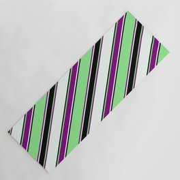 [ Thumbnail: Light Green, Purple, Mint Cream & Black Colored Lines Pattern Yoga Mat ]