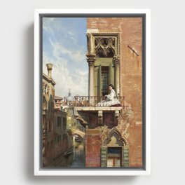 Ludwig Passini - Anna Passini on the balcony of the Palazzo Priuli in Venice Framed Canvas