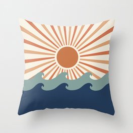 Retro, Sun and Wave Art, Blue and Orange Throw Pillow