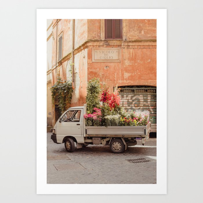 Rome cute van with lots of flowers | Roma street | Travel photography Art Print