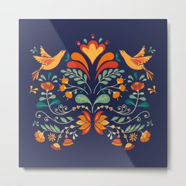 Flowers and birds - Folk Art - blue and orange Metal Print