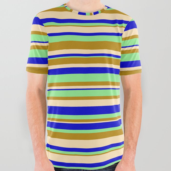 Light Green, Dark Goldenrod, Beige, and Blue Colored Stripes/Lines Pattern All Over Graphic Tee