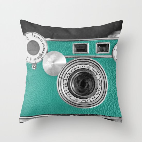 Teal retro vintage phone Throw Pillow