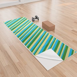[ Thumbnail: Deep Sky Blue, Tan & Forest Green Colored Striped Pattern Yoga Towel ]