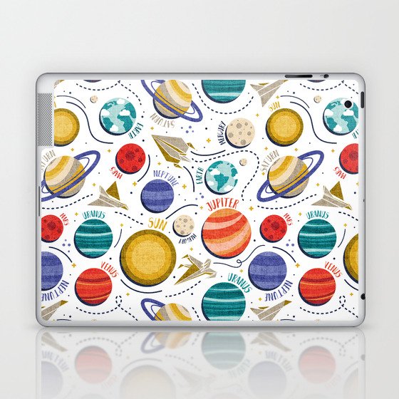 Paper space adventure I // white background multicoloured solar system paper cut planets origami paper spaceships and rockets Laptop & iPad Skin