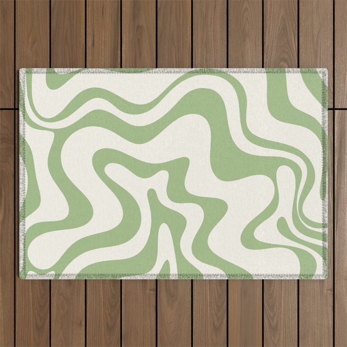Liquid Swirl Retro Abstract Pattern 4 in Light Sage Green and Cream Outdoor Rug